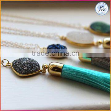 2017 New Hot Fashion Fringe Jewelry Statement Gemstone Druzy Prayer Beads Gold plated Tassel Necklace