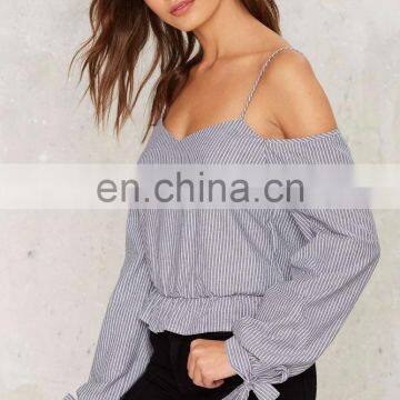 Women Casual Blouse Designs Cotton Striped off Shoulder Blouse photo-3