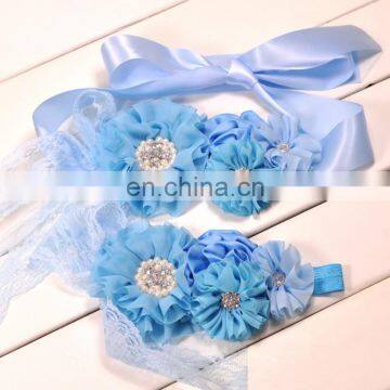 Boho Sash Belt Headband Sets With Rhinestone Layered Flower Gift Blue Floral And Pearl Baby Headband