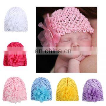2017 hot sale knitted children's baby hat elastic baby hat chiffon flower hollow hat