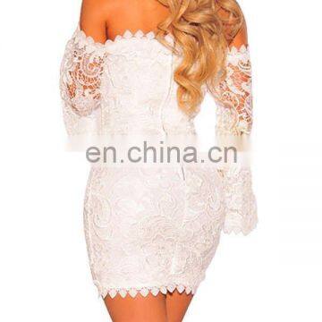 American Style Ladies Sexy Off Shoulder Bell Sleeve White Lace Dress for Elegant Women Party photo-2