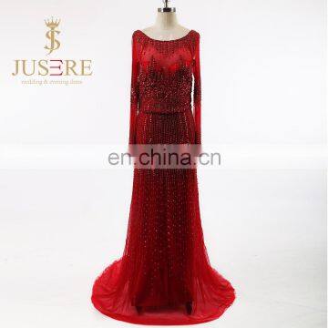 Floor Length Illusion Tulle Scoop Long Sleeves Low V Backless Handmade Beaded Red Long Evening Dresses 2016