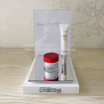 Customized acrylic cosmetic skincare display stand with Ad back