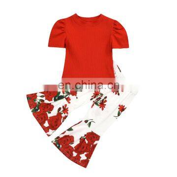 plain red top and rose pattern bell bottom 2pcs beautiful Baby Girl boutique suit