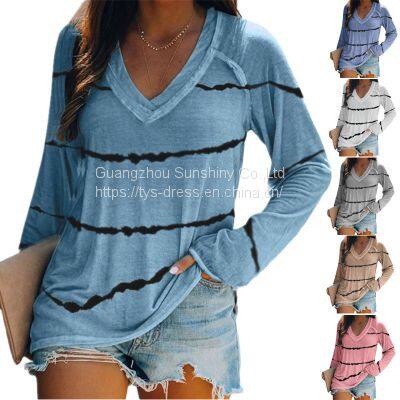 Tie-dye stripes printed V-neck long-sleeved T-shirt women