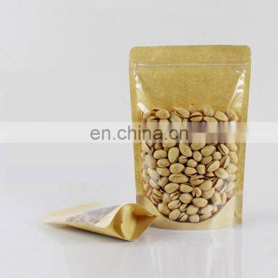 Free Sample Custom Printed Airtight Food Top Zip Kraft Paper Pouches With Clear Window Snack Nuts Packaging Bag With Zipper