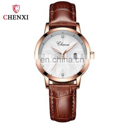 Chenxi 303 New Ladies Quartz Wristwatch Flower Analog Fashion Leather Stainless Steel Case Simple Women Watches