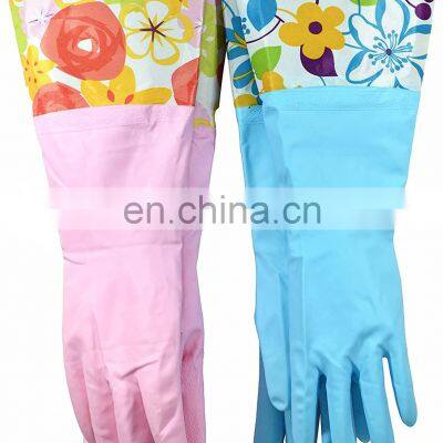 Orange PVC Latex Kitchen Household Spray Flock Lined Fishscale Grip Long Cuff Gloves Manufacturer