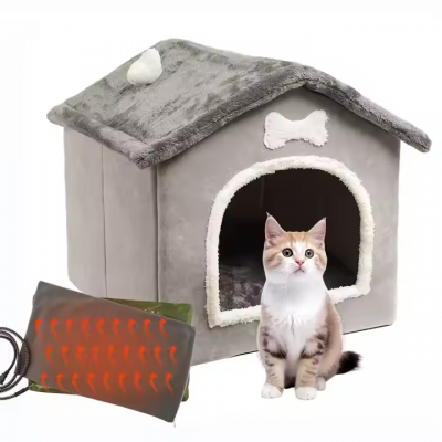 Meow Love Indoor Coral Fleece Cat Shelter With Heated Pet Pad Easy-to-Assemble Breathable Safe Winter Housing for Cats photo-2