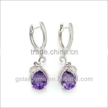 925 Sterling Silver Natural Gemstone Amethyst Rhodium Plated CZ Earrings