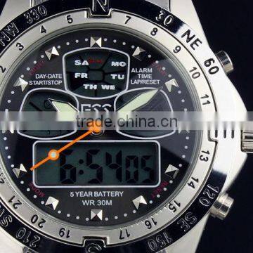 Brand New mens man analog digital alarm black face stainless steel sport quartz watch