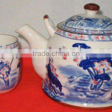 Factory outlet wholesale ceramic tea set with 1 tea pot and 6 tea cup blue lotus