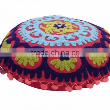 Indian Suzani Round Floor Pillows Ethnic Cushion Cover Decorative Embroidered Shams With Pom Pom Lace