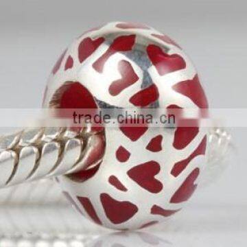 European red heart shape silver enamel beads