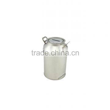 milk jug tin, metal milk jug, milk jug coin bank