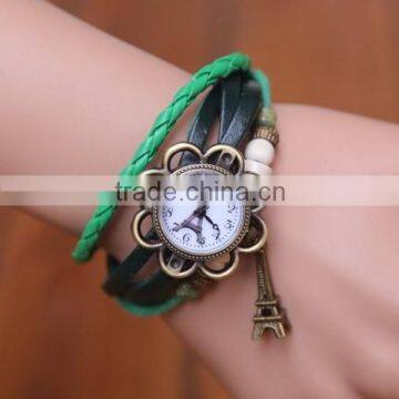 In Stock 7 Colors Wholesale Fashion Newest Style Leather Cord Eiffer Tower Cheap Leather Band Watch