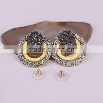 Metal Alloy Plated Gold Earrings, Circle Shape Pave Crystal Jewelry Stud Earrings