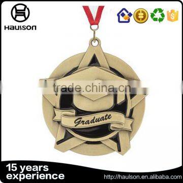 New 3d university graduate stars award reward soft enamel black antique copper medal with ribbon