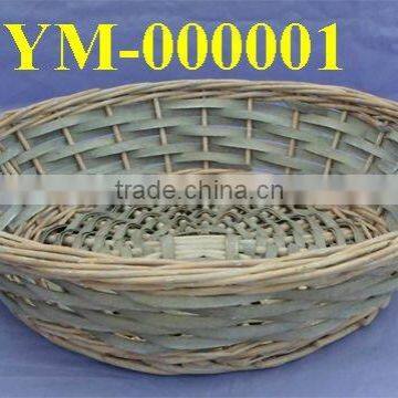 grey round wicker tray with two ears