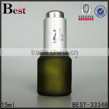 China Cosmetic Dark Green Frosted 15ml Glass Bottle With Screen Printing Black Pump Dropper for Cosmetic Essence Perfume photo-3