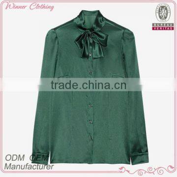 New high quality lady simple long sleeve green satin pussy bow blouse