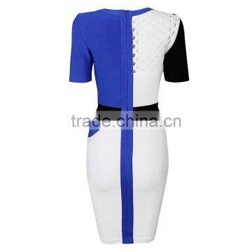 Blue And White Hollow Out Meshes Mid Sleeve Tight Sexy HL Bandage Dress photo-4