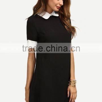 Black Peter Pan Collar Short Sleeve Shift Dress Patchwork 100% Polyester Short Sleeve Short Dress photo-4