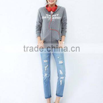 Female section hemp grey cultivate one's morality version hooded cardigan fleece jacket