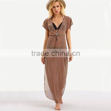 Latest Design Ladies Brown Drawstring Waist V Neck Split Dresses Summer Beach Wear Sexy Short Sleeve Long Maxi Dress photo-3