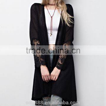 custom women knitted long open lace trim cardigan