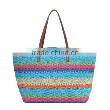 Pattern Stripes Woven Synthetic Straw Tote Womens Shoulder Handbag