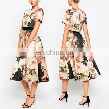 2016 Wholesale Fitted Waist Crop Top Large Shadow Floral Midi Prom Dress for Women