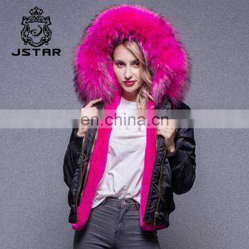 Attractive Design 2017 new arrive black bomber jacket with raccoon fur collar