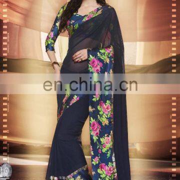 Navy Blue Colored Georgette Satin Printed Saree.