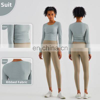 Ribbed Side Folding Yoga Tight Tshirts Factory Sale Women Long Sleeve Outdoor Sports Tops photo-4