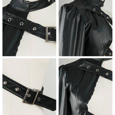 2025 Black Punk Single Shoulder PU Leather Robe Rock Dance Versatile Irregular European and American Independent Station Customized Typing photo-4