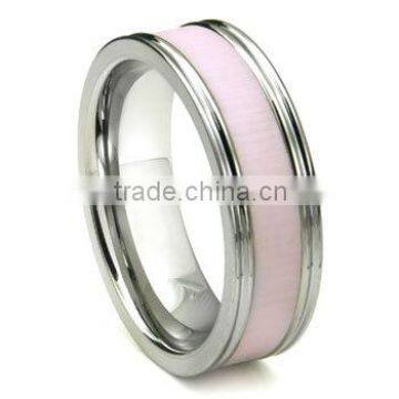 Tungsten Carbide Pink Ceramic Inlay Wedding Band Ring Horizontal Satin Finish, Tungsten And Ceramic Ring