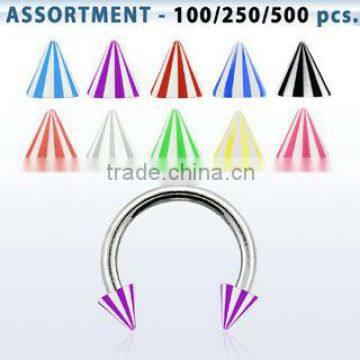 Bulk body jewelry of surgical steel circular barbells with acrylic beach cones