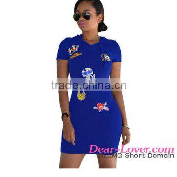 Blue Multi-color Patch Hoodies Sleeves hot girl sexy picture mini dress