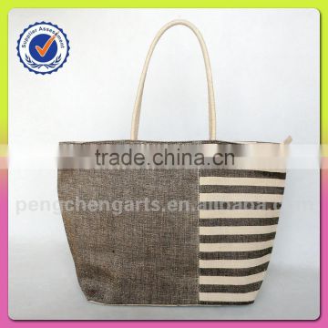 Fashion stripe jute and cotton material lady shopping handbag