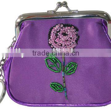 purple beaded flower metal frame coin purse with ring