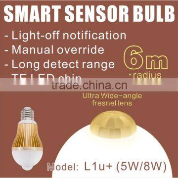 L1u+ ( 5W / 8W ) Ultra Large Detection Range PIR Motion Sensor LED Light Bulb with Light-off notification & Manual override