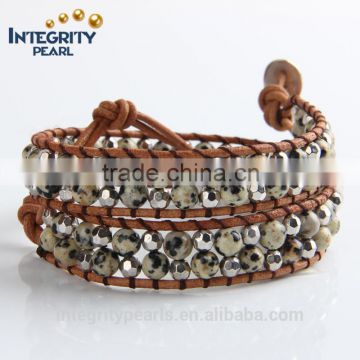 6mm natural stone multi layer brown leather bracelet, layered leather bracelet, punk leather bracelet