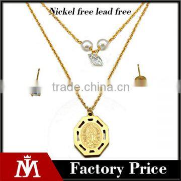 Factory Luxury Stainless Steel Religious Crystal Necklace Pearl Jewelry Set Gold Stud Earring fpr Women