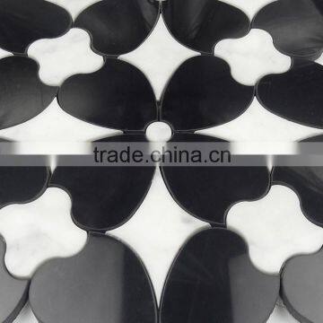 White carrara and black natural stone water jet mosaic tile