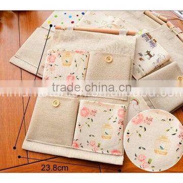 4 Pcs Cotton Pockets Wall and Door Print Flower Picture and Nature Wooden Stick Multifunctional Storage Hanging Bag photo-2