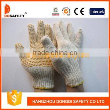 DDSAFETY 2017 7g Natural Cotton String Knitted Work Gloves with Yellow PVC Dotted on Palm Safety Gloves