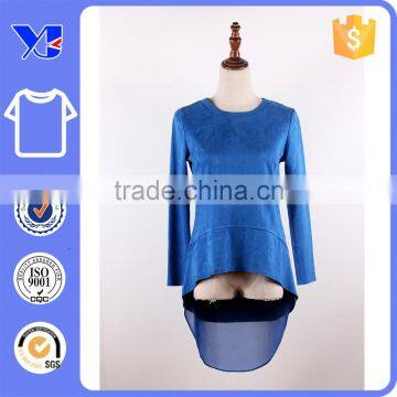 Royal blue normal style curvy hem chiffon back botton thicken long t-shirt