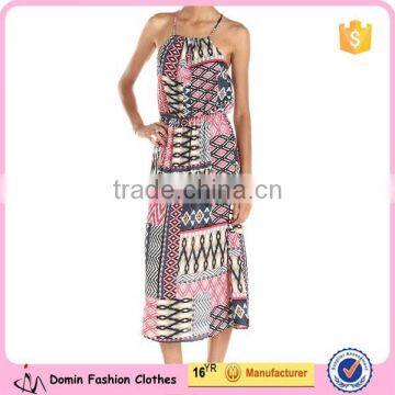 Women's Fit and Flare Gathered at Neckline and Waist Aztec Tank Dress With Tie Detail at Back
