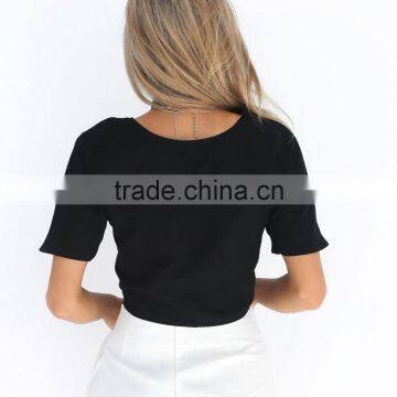 Latest Design Sexy Deep V Neck Crop Tops Short Sleeve Blouse 2017 photo-4